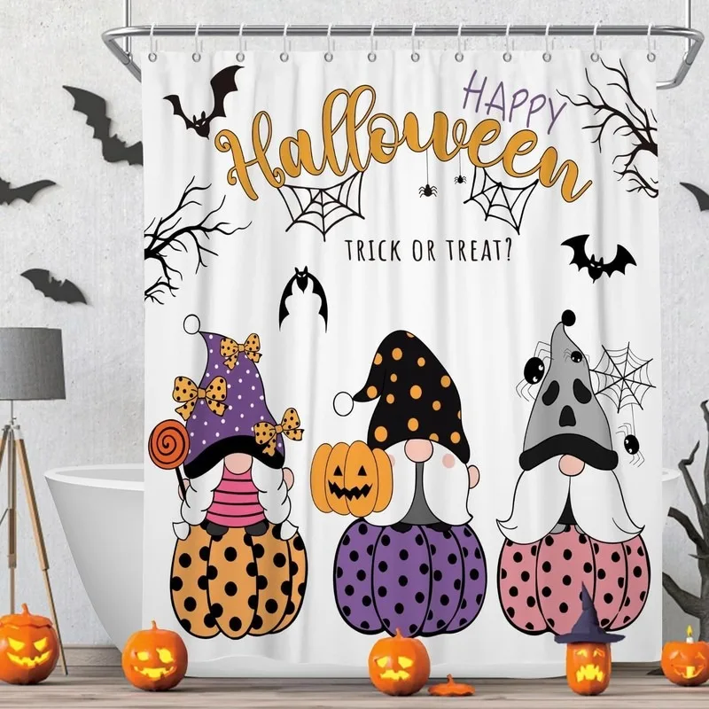 Halloween Shower Curtain No Face Doll Pumpkin Bat Spider Web Bathroom Decor No Drilling 12 Hooks Included