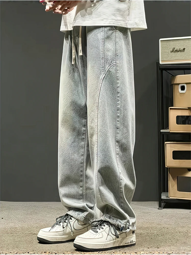 قابل للتعديل فضفاض البضائع الجينز السراويل الرجال عارضة الرياضة واسعة الساق كبيرة الحجم الركض سراويل جينز المرقعة في الهواء الطلق Sweatpants #2