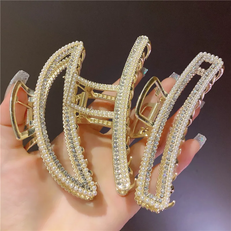 New Pearl Diamond Plate Hair Claw Clip Non-slip Metal Large Shark Clip Crab Hair Clip Women Hair Clips Accessories