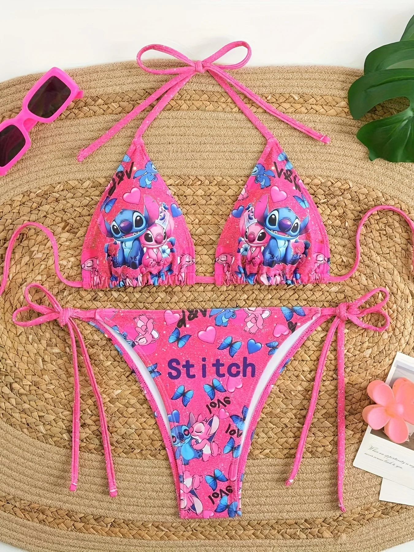 

Lilo & Stitch Pink Bikini Set Women Summer Kawaii Anime Print Halter Swimwear Tie Side Thong Swimsuit