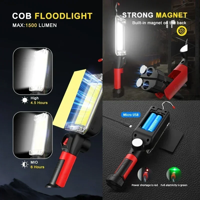ضوء عمل LED قابل لإعادة الشحن - مصباح كاشف بخطاف مغناطيسي محمول مع مشبك مقاوم للماء (متين)