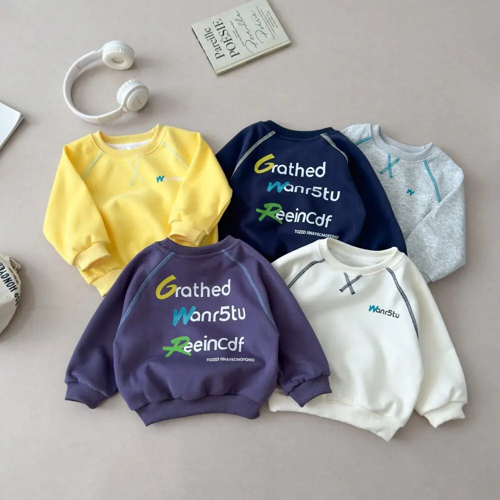 Girls Letter Print Sweatshirts Long Sleeve Pullover For Boys Autumn Unisex Kids Loose Basic Tops