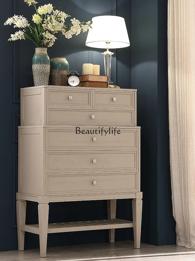 

05-American light luxury light gray red oak solid wood six chest bedroom furniture all solid wood