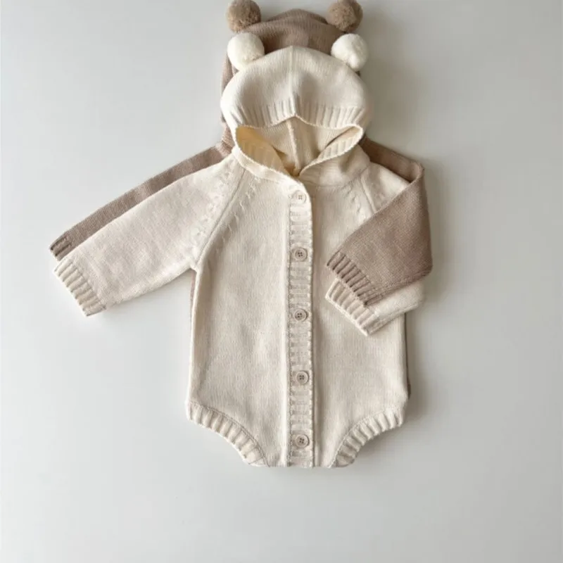 Baby Girls Ins Autumn Winter Romper Knitted Ear Single Breasted Newborn Girl Jumpsuit Solid Stretch Infant Boys Hoodie Bodysuits