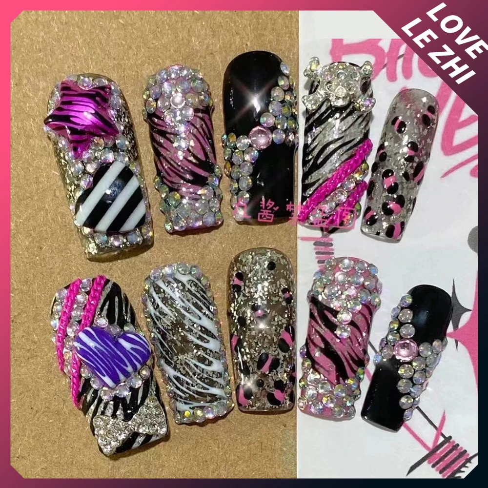 Spicy Girl Anime Reusable Y2K Handmade Press On Nails Cartoon Long Coffin Leopard Print Full Cover Nails Art Fake Nails