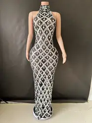 Women Sexy Stage Shining Rhinestone Sequins Dress Evening Prom Birthday Dress Transparent Performance Singer Club Host Dress  7G