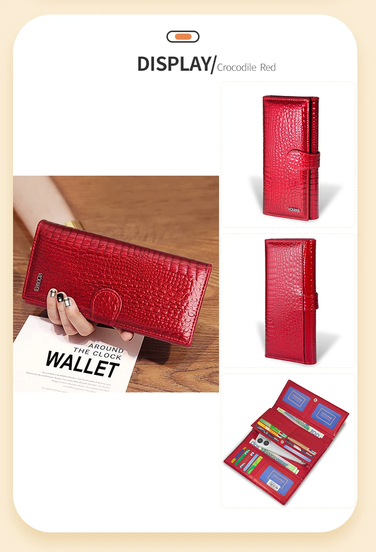VICKAWEB Große Hasp-Geldbörse aus echtem Leder mit Foto-Kartenhalter und Druckknopfverschluss für Damen, luxuriöses Markendesign, Damen-Kartenetui, lang, rot – Detail 14
