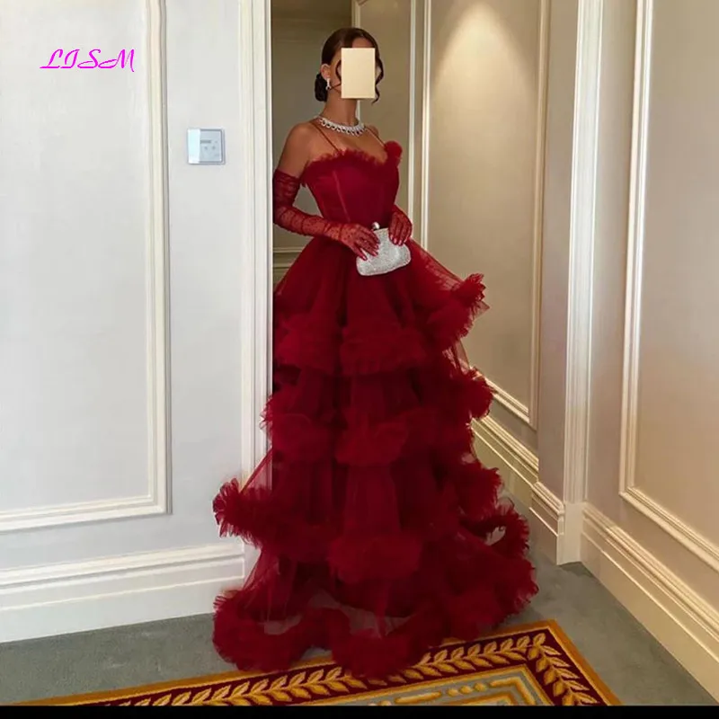 LISM Burgundy A-Line Sweetheart Prom Dresses Abendkleider Tiered Ruffle Tulle Robe De Soirée Eleagnt Saudi Evening Party Dress