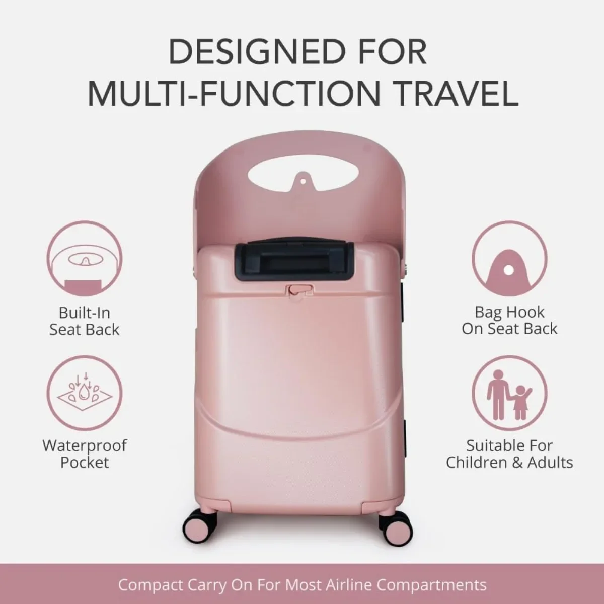 MiaMily 4-Wheel Carry On Luggage with Seat for Kids with Seat Belt, Waterproof Pocket, Adjustable Handle, and Hard Body