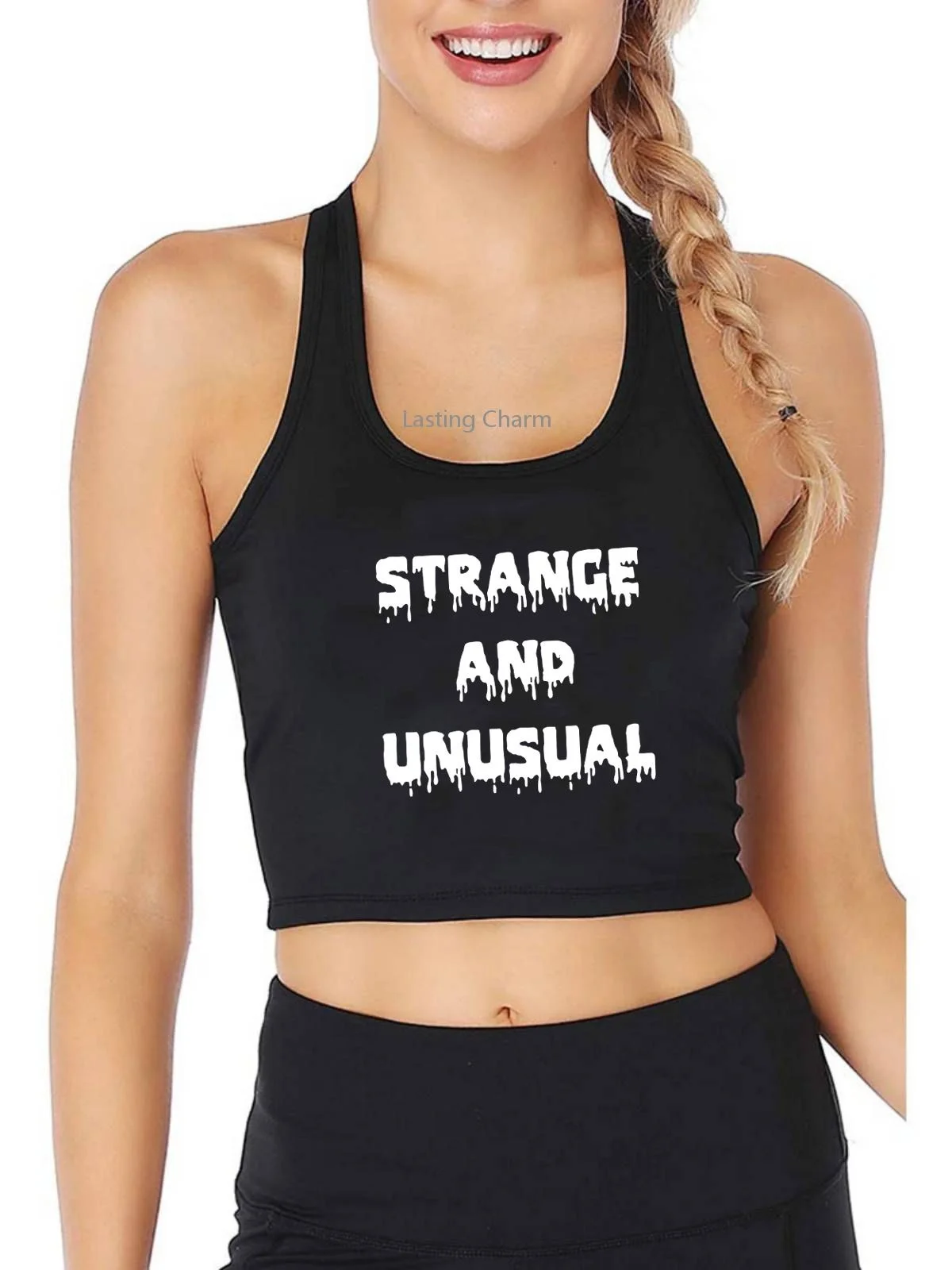 

Strange And Unusual Print Crop Tank Adult Humor Fun Print Yoga Sports Workout Crop Top Women's Gym Tee