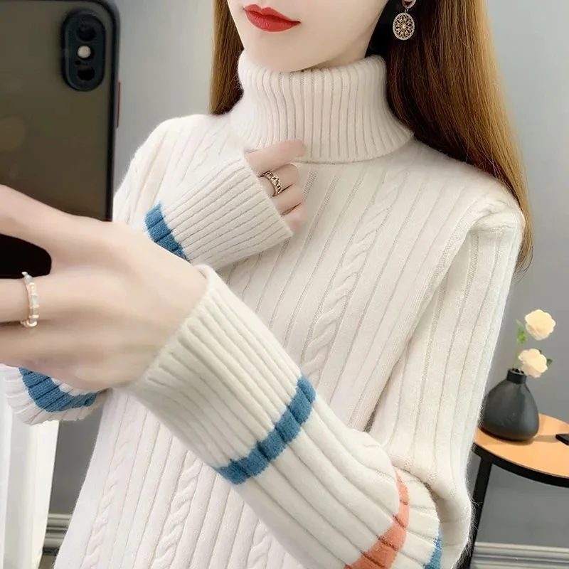 Turtleneck Elastic Sweater Women Autumn Winter Thicken Loose Long sleeved Patchwork Pullovers Warm Women\'s Knitwear Jumper Pull