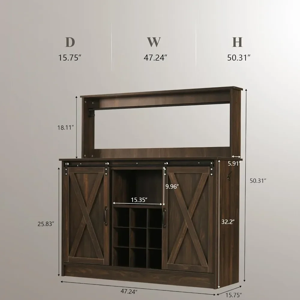 XMSJ Liquor Wine Bar Cabinet com 6 ganchos, 9 Wine Racks, prateleira ajustável, mobília da sala de estar, 47"