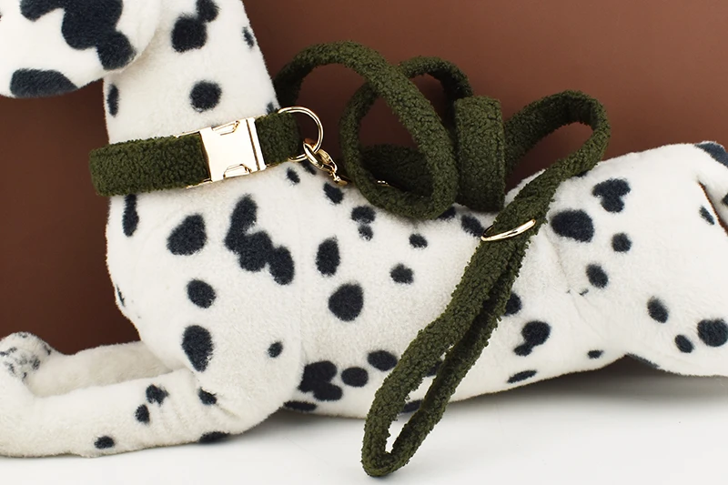 Teddy-Samt-Hundehalsband und Leinen-Set für kleine, mittelgroße und große Hunde, individuell graviertes Namensschild, Haustierzubehör, Hundeleine – Detail 8