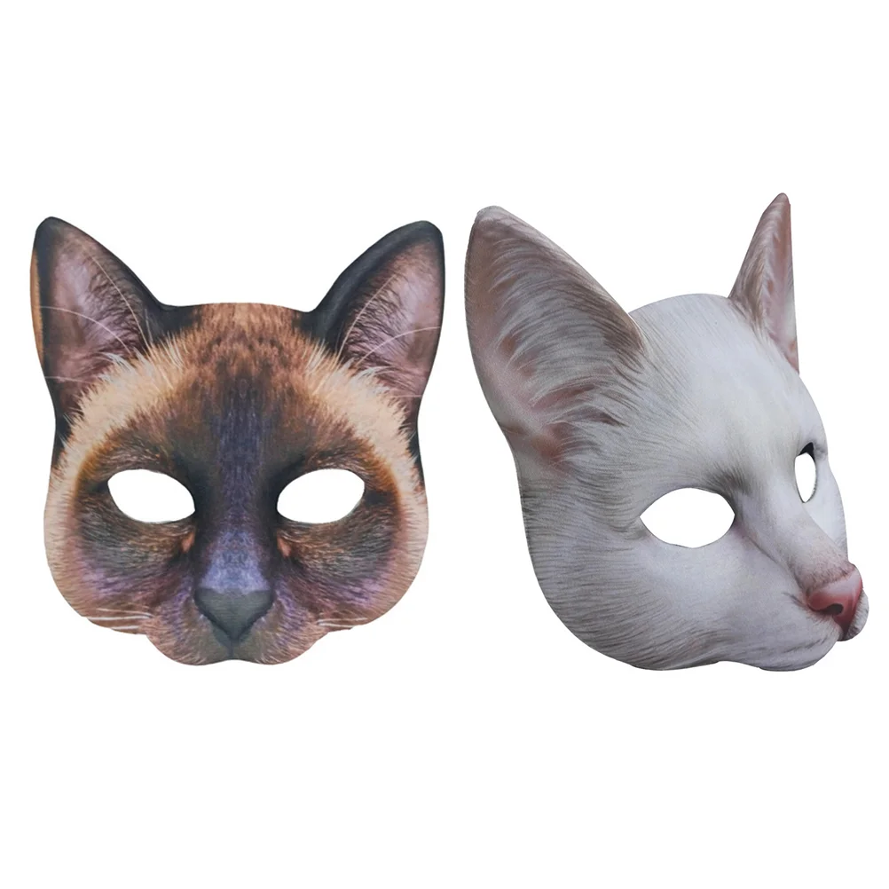 

2 Pcs Printed Animal Cat Mask Halloween Costume Safe Masks Festive Face Covers Prank Novel Eva Fabric Half Unisex Brown Novelty