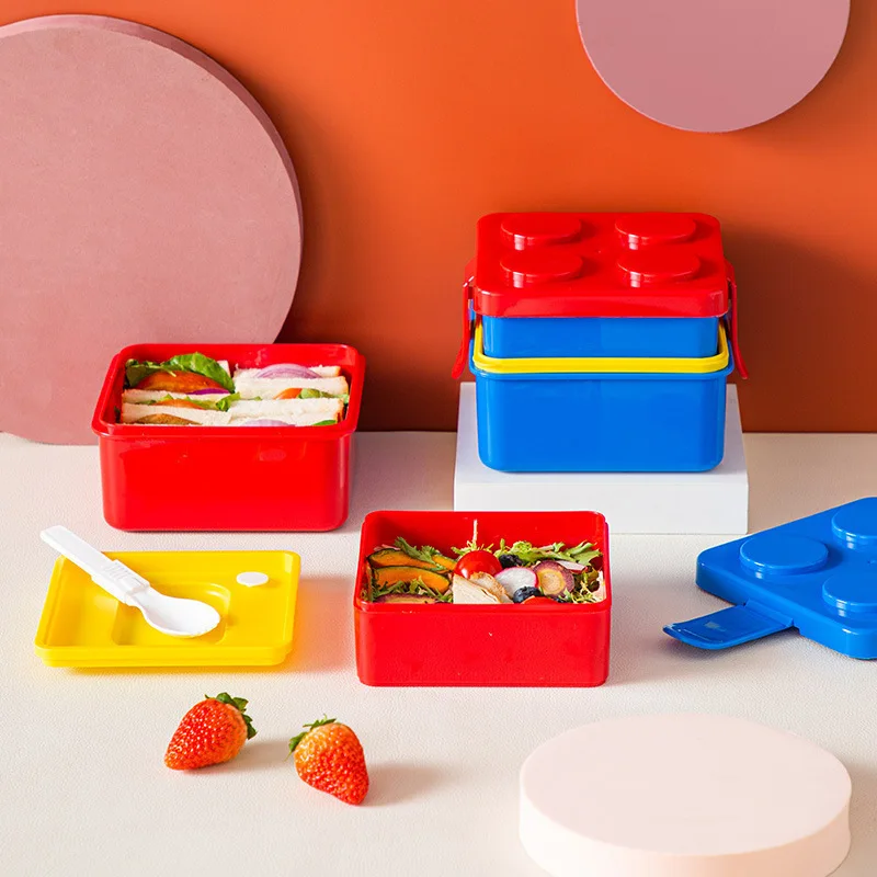 1pc Platz Kreativität Bausteine Bento Box Tragbare Doppel-schicht Cartoon Kinder Studenten Mittagessen Box Lebensmittel Container