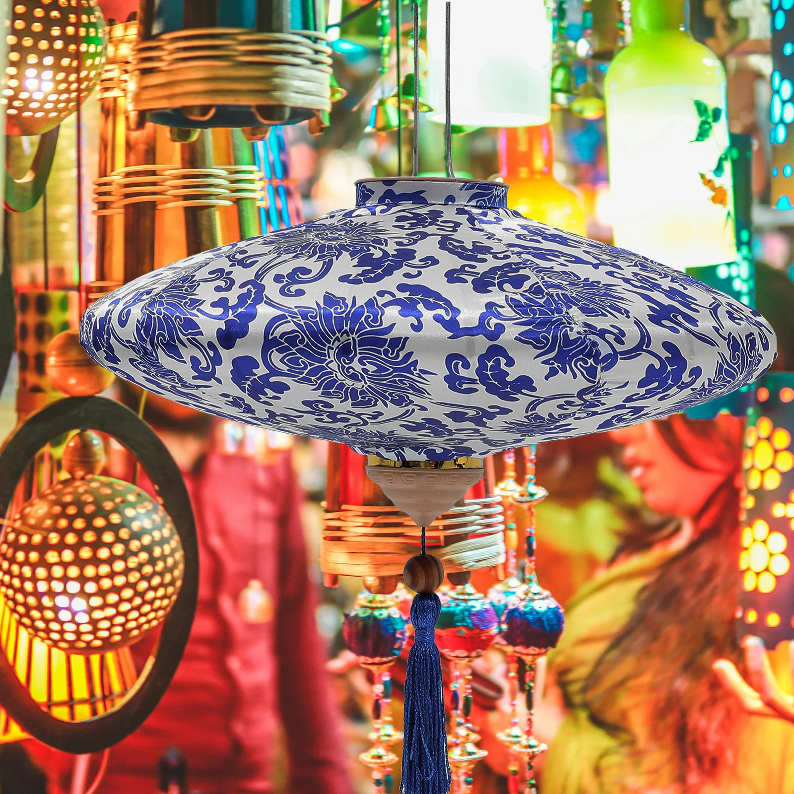 

Blue White Porcelain Lantern 12 Inch Cloth Chinese Retro Outdoor Waterproof Hanging Decor Lanterns Garden Patio