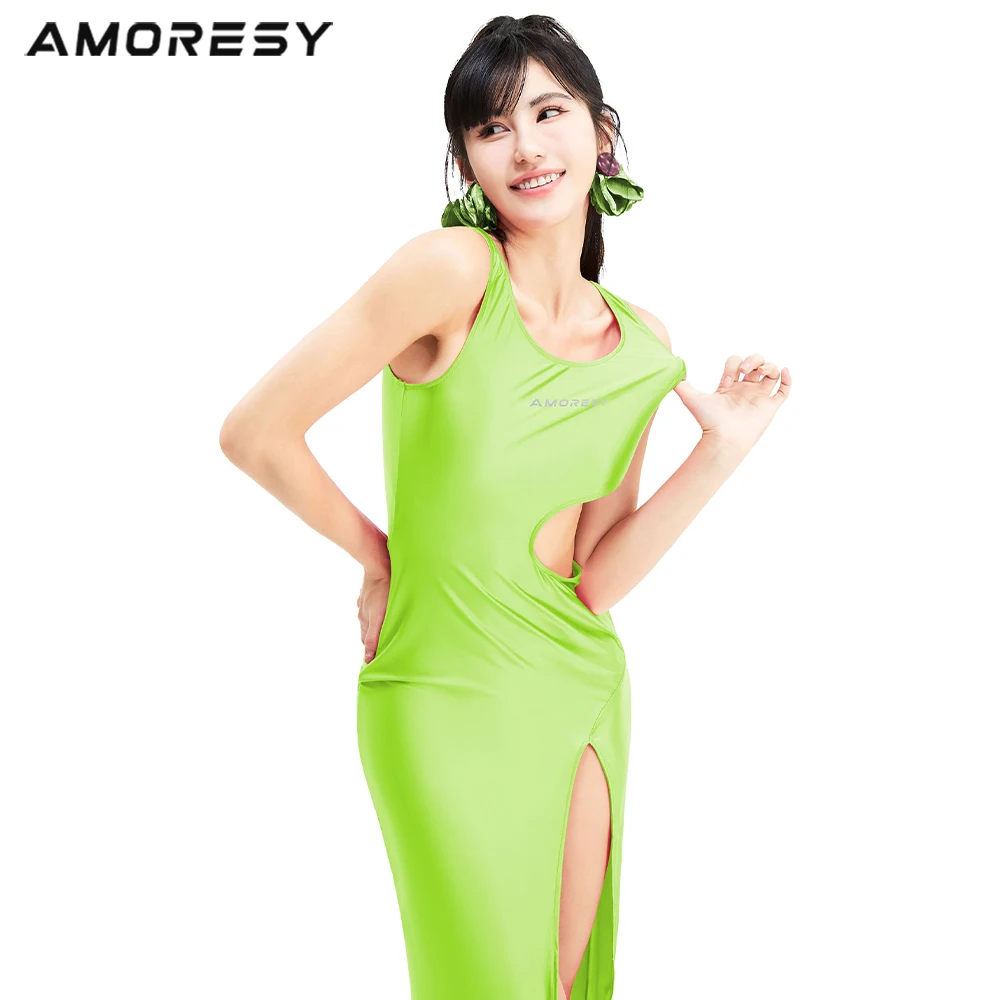 เดรสผ้าซาตินเนื้อมันเงา AMORESY แบบสายเดี่ยว โชว์เอว กระโปรงเซ็กซี่ เรียบเนียน โปร่งบาง เหมาะสำหรับวันหยุดพักผ่อน ผ้าสแปนเด็กซ์ กระโปรงชายหาด