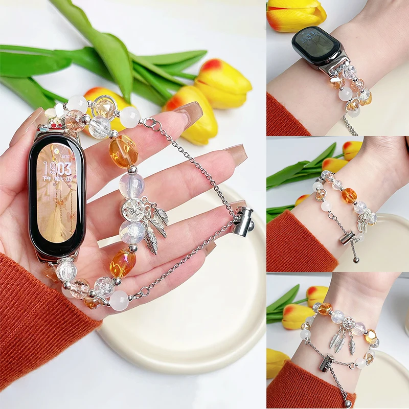 

Handmade Jewelry Strap for Xiaomi Mi Band 7 8 9 Luxury Agate Beaded Bracelet for Mi Band 6 5 4 3 Women SmartWatch Wristband Belt