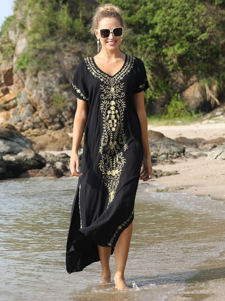 Kaftan Beach Wear Women 2022 Embroidered Swimsuit Cover Up Short Sleeve Long Bohemian Dress Tunic Bathing Suits Dropshipping