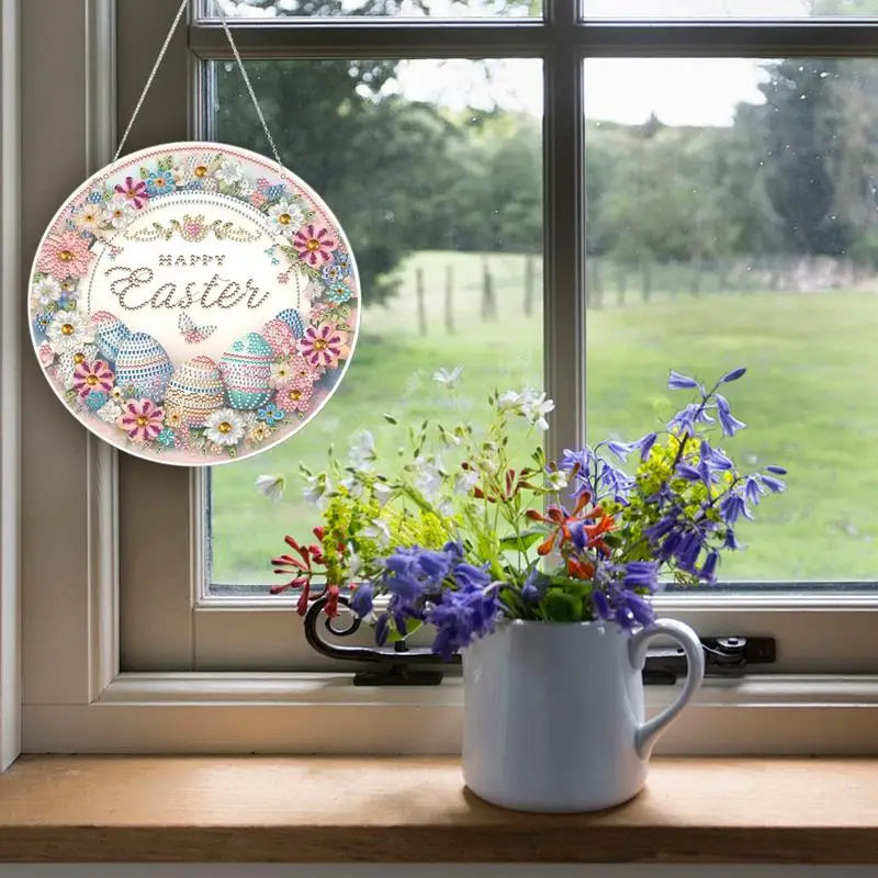 

Happy Easter Egg Flower Ornament Sign Crystal Art Kit Easter Rhinestones Door Sign Pendants for Spring Wall Window Home Decor