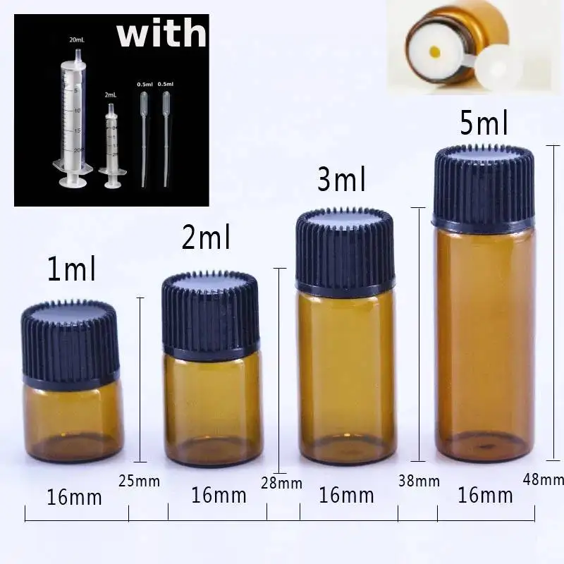 50pcs 1ml 2ml 3ml 5ml mini Amber Glass Vials small sample Oil Bottles with Orifice Reducer Essential cosmetic containers