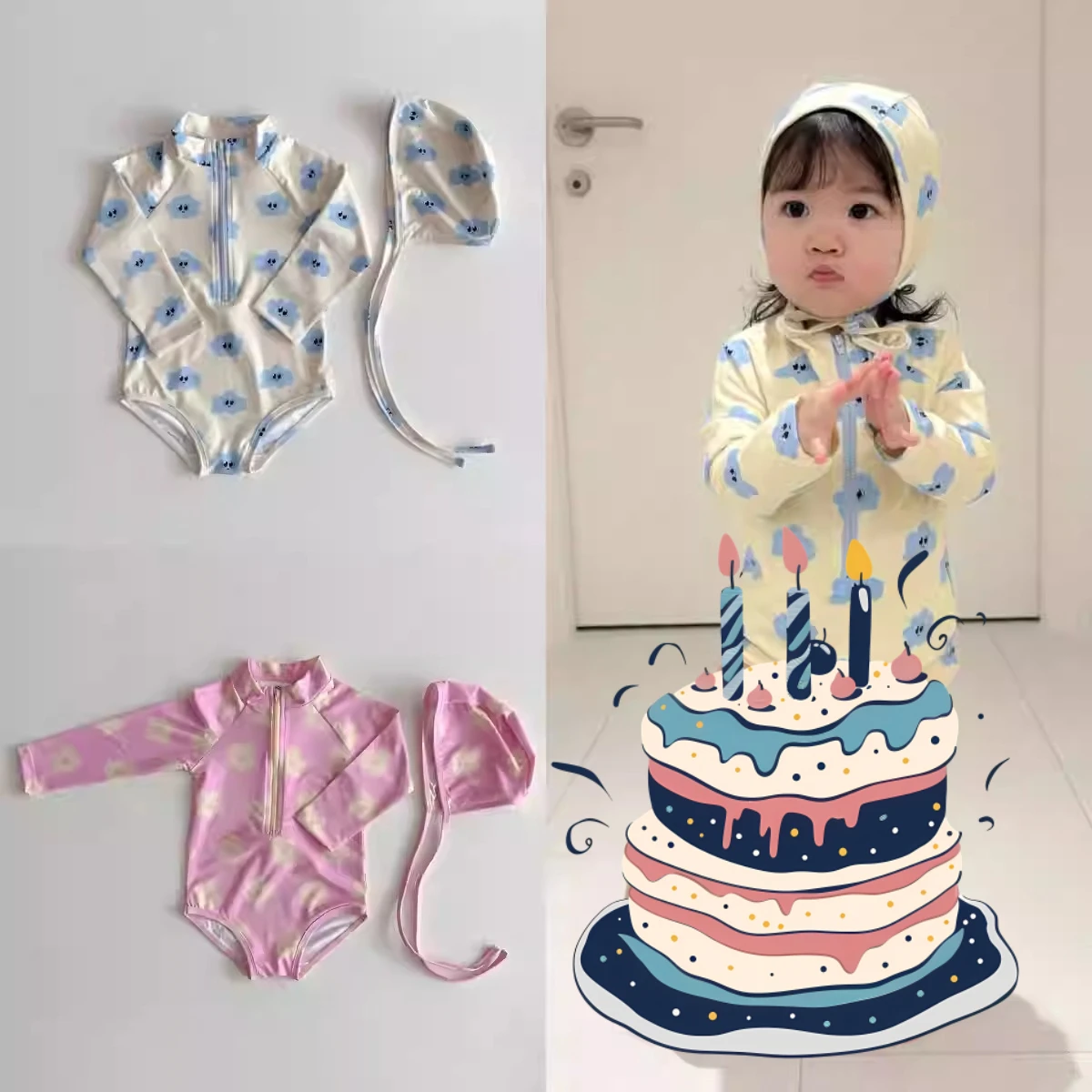 New Girls Style One-piece Swimsuit Summer Wear Children's Floral Sunscreen Quick Drying Long Sleeved Swimsuit