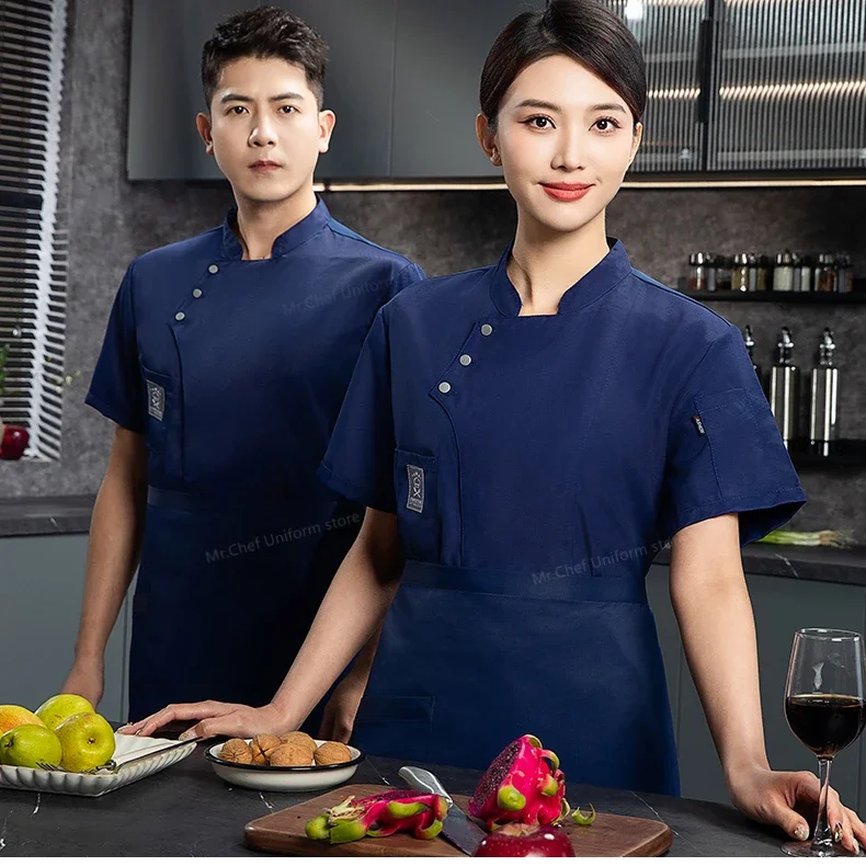 Men chef uniform jacket short sleeve chef T-shirt restaurant coat Bakery Food Service Breathable mesh Cooking chef clothes logo