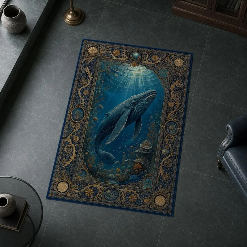 Baroque Luxury Orca Whale Area Rug Classical Gold Border Marine Animal Carpet For Living Room Sofa Luxury Art Floor Mat Large