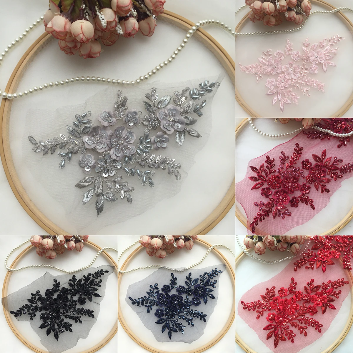 1 Stück Strass-Blumen-Perlen-Applikationen für Hochzeitskleid, zum Nähen und Reparieren, 21,5*12 cm
