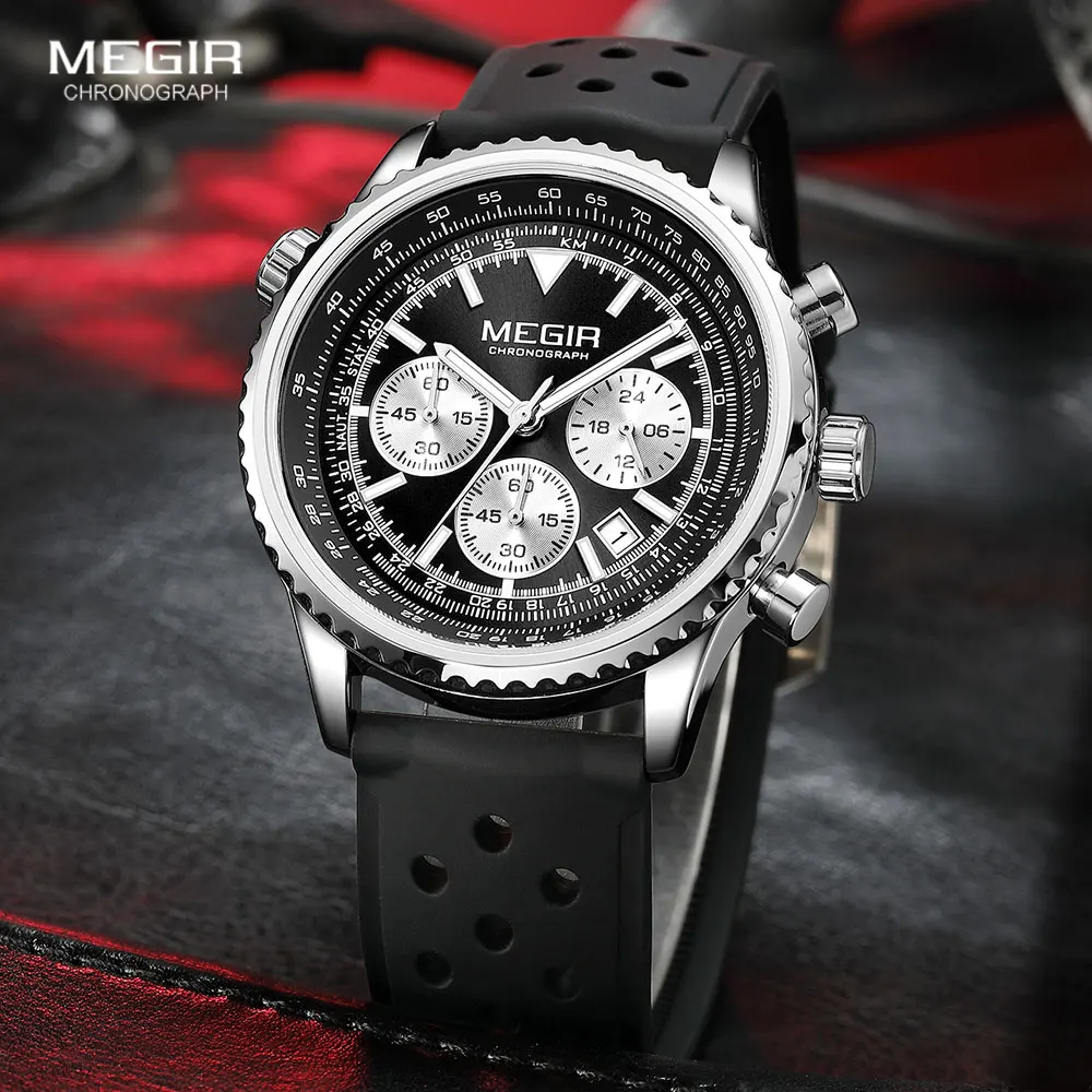 MEGIR Silver Black Quartz Watch Men Military Sport Chronograph Wristwatch with Silicone Strap Luminous Hands Auto Date 2236