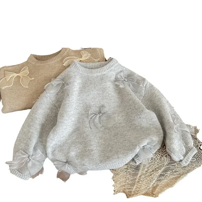 Korean Childrens Clothing 2024 Girls Sweater Autumn New Fashion Girl Korean Fashion Childrens Bow Knit Sweater