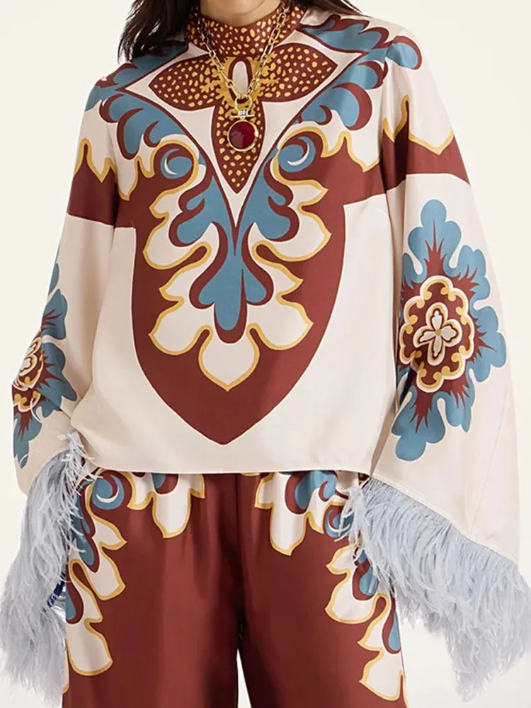 

Элегантный топ с высоким воротником и длинный брючный костюм, повседневный комплект из 2 предметов с рукавами «летучая мышь» и модным узором, свободные наряды с принтом