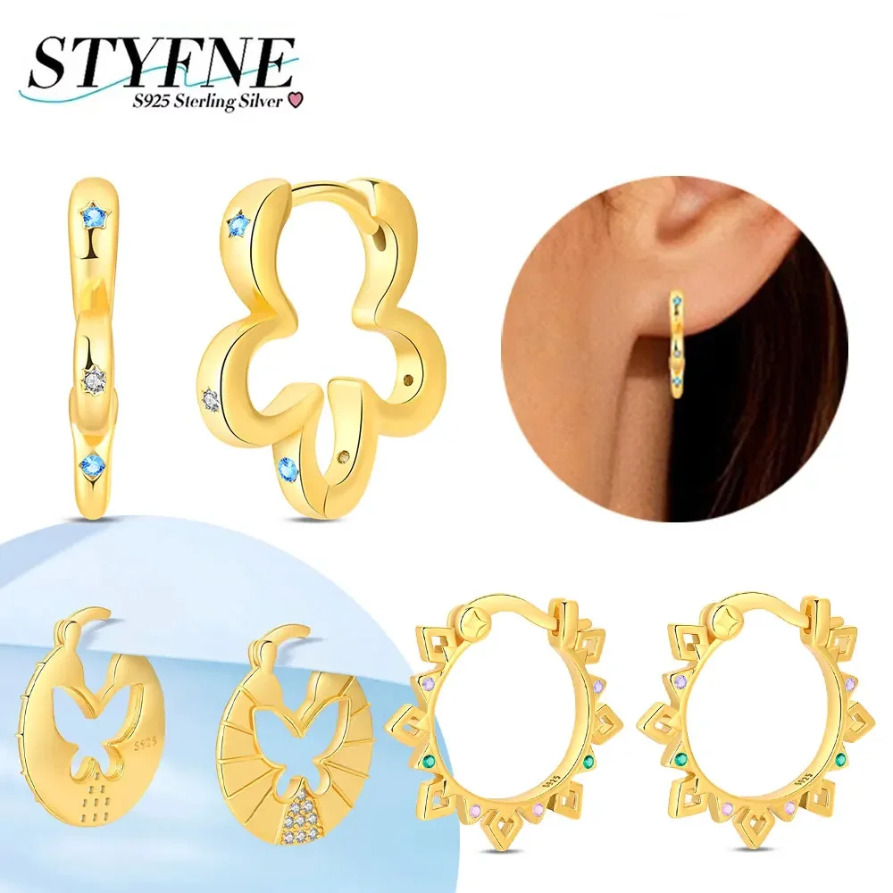 Vergoldete 925 Sterling Silber Kleeblatt Schmetterling Sonne Geometrische CZ Kristall Huggie Creolen Zarte Schmuckgeschenke für Frauen