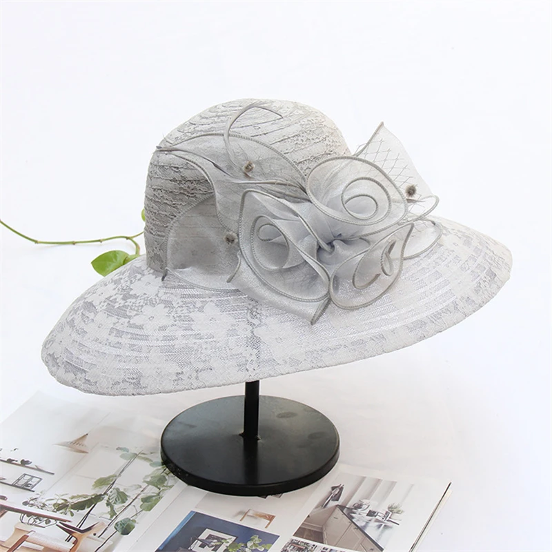 Fashion Elegant Feather Floral Organza Church Hat For Women Foldable Wedding Party Hat Summer Beach Protection Sun Cap