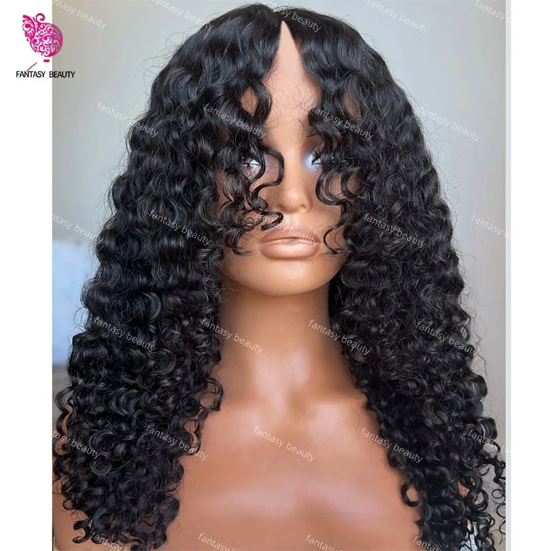

Glueless V Part Open Wig For Black Woman 100% Human Hair 250% Density Black Kinky Curly Wigs for Women No Leave Out No Glue Easy