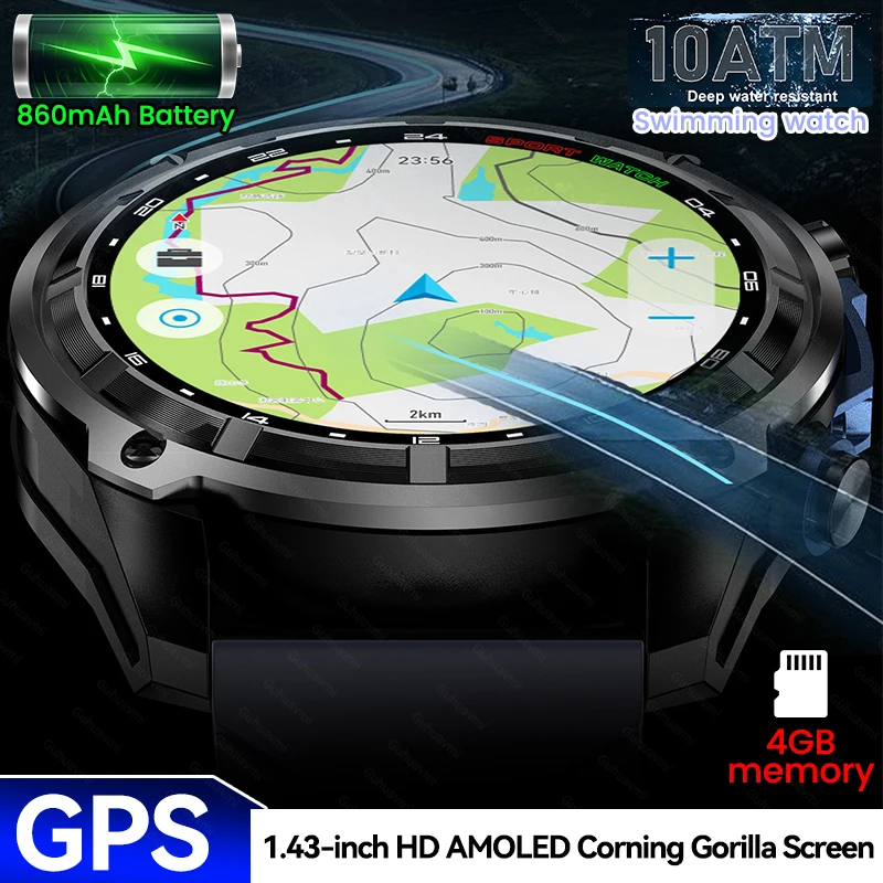 

New Adventure GPS Men Smart Watch 1.43"Corning Gorilla Screen 4GB Memory 860mAh Battery 100M Waterproof BT Call Sport Smartwatch