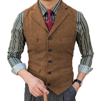 Mens Suit Vest Lapel V Neck Wool Herringbone Casual Formal Business Vest Waistcoat Groomman For Wedding