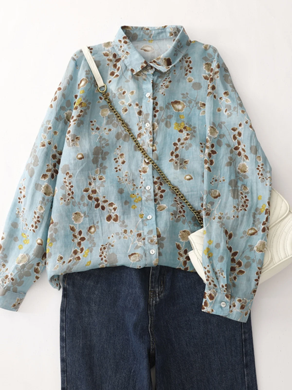 

Новая осенняя женская блузка свободного кроя из хлопка и льна с принтом, длинным рукавом и отложным воротником, модный топ для женщин