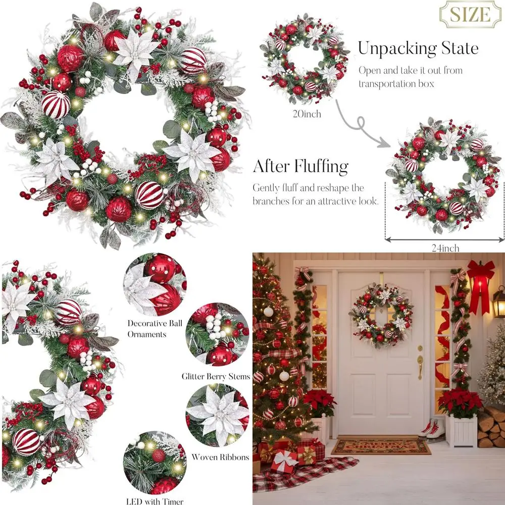 

Large Pre-Lit Christmas Wreath with Red & White Balls and Flowers for Outdoor Holiday Decor
