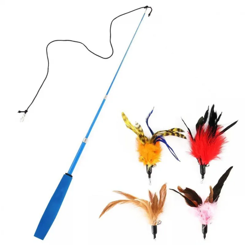 

Wholesale Pet Supplies Plush Toys Feather Replacement Head Retractable Rod Teasing Stick Cat Biting Toy Set
