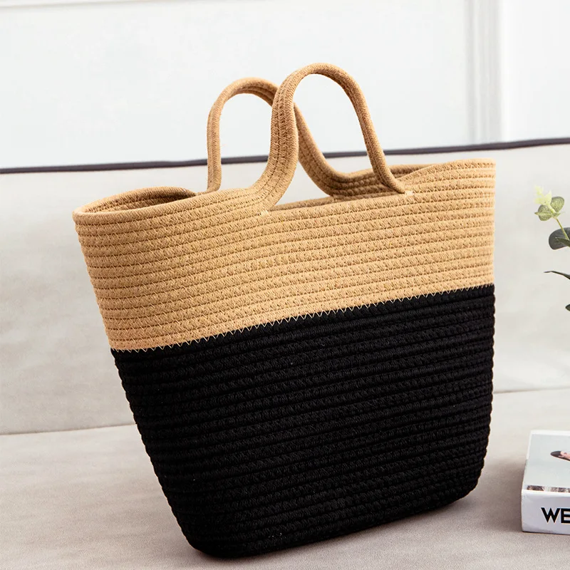 New Fashion Color Matching Hand-held Straw Woven Bag Seaside Holiday Beach Bag Women's Hand-woven Bag Home Storage FU