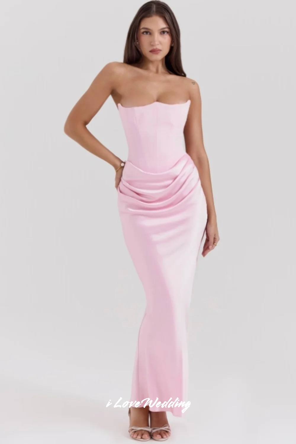 Розовые вечерние платья без бретелек 2025: атласные плиссированные платья русалки без рукавов, элегантные свадебные платья длиной до щиколотки по индивидуальному заказу