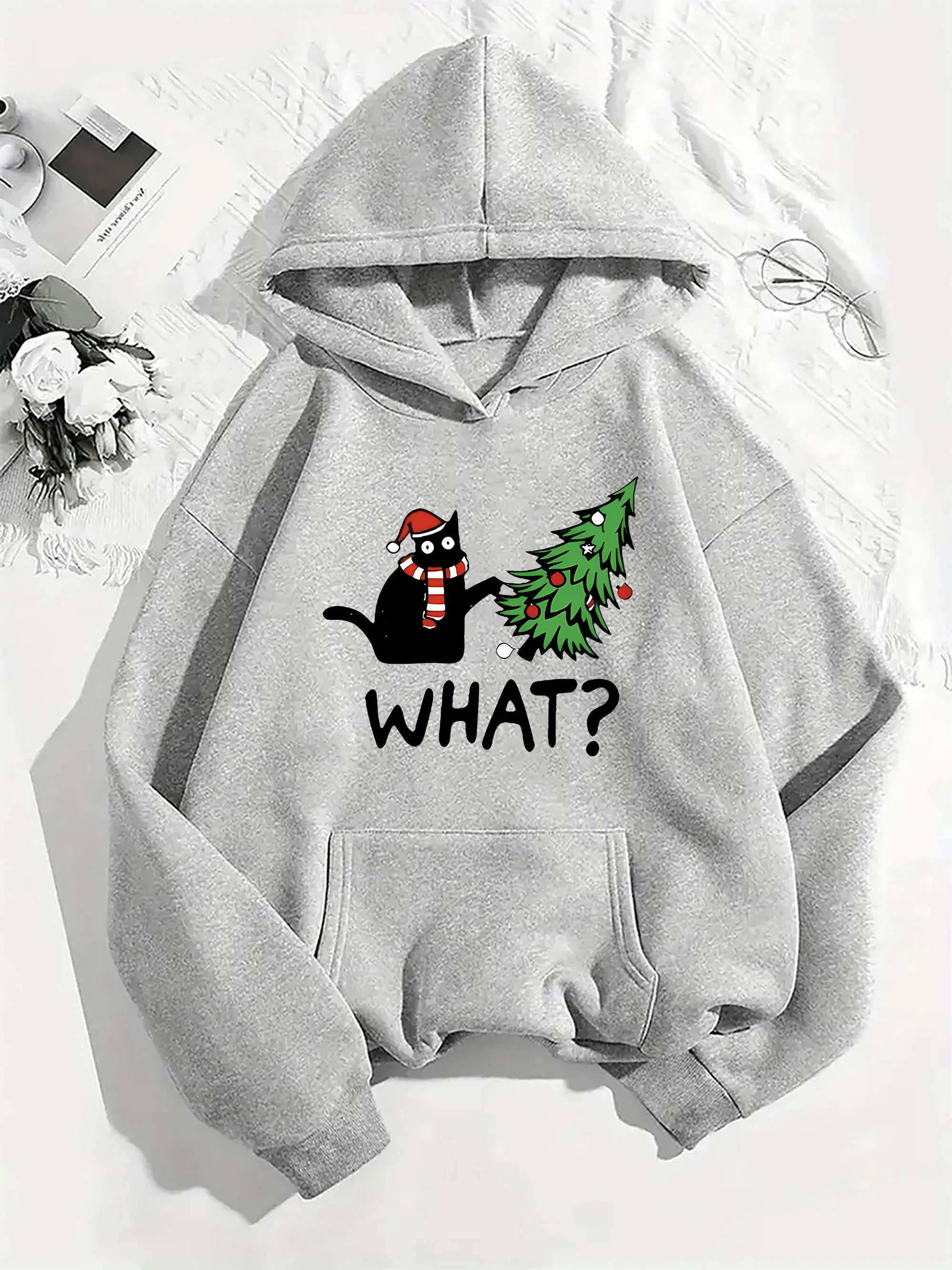 2025 Dames feestelijke kerstkat print hoodie dames sweatshirt casual lange mouw herfst en winter warme hoodie