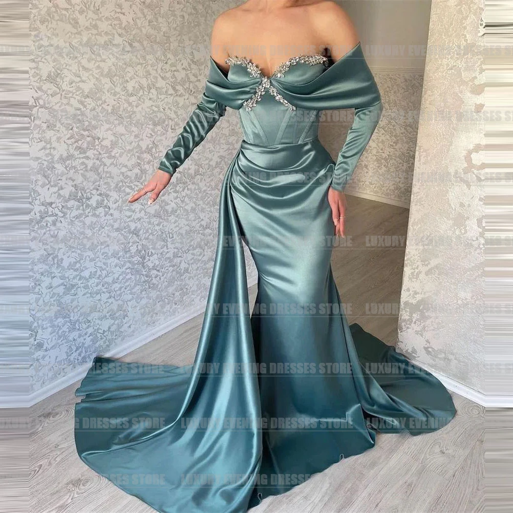 Luxe Zeemeermin Avondjurken Met Lange Mouwen Voor Vrouw Glinsteren Sexy Off Shoulder Satijn Formele Sparkle Modieuze Feest Prom Jurken