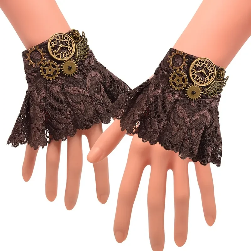 Punhos de pulso Steampunk para mulheres, luvas góticas, luvas punk, manga manual Lolita Cosplay, pulseiras de renda com babados marrons