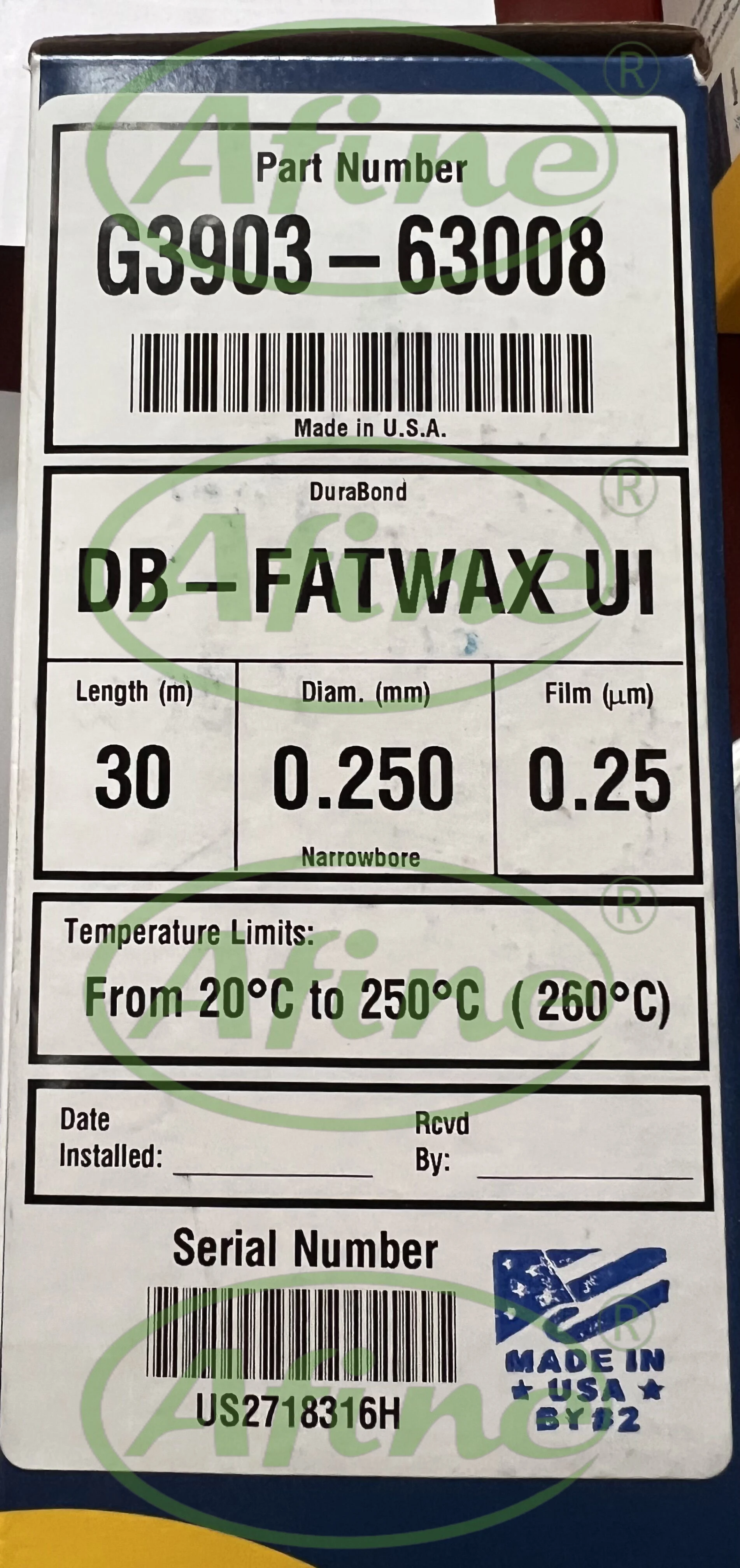 AFINE Agilent Columns G3903-63008 JW DB-FATWAX Ultra Inert GC column 30m 0.25mm 0.25µm