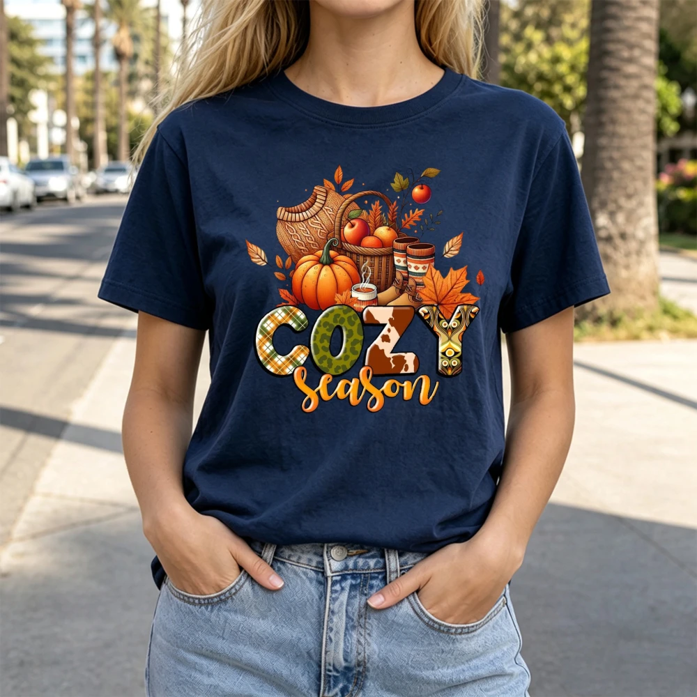 Cozy Season Women T Shirt Patchwork Letter Pumpkin Basket Maple Leaf Autumn Harvest Trendy Versatile Ladies Short Sleeve Tee