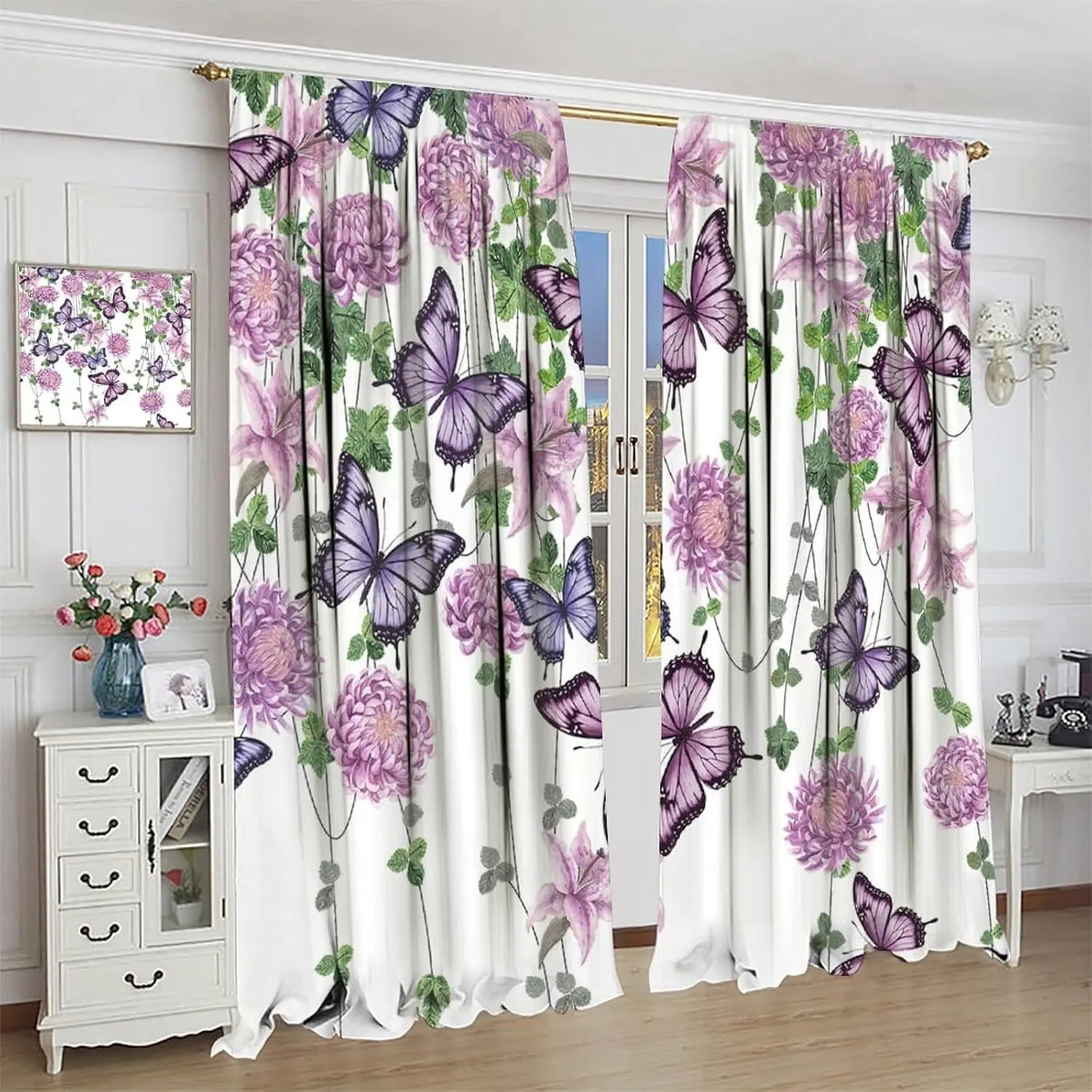 Butterfly Curtains Nature Plants Floral Chrysanthemum Lily Purple Window Treatments for Kids Girls Bedroom Nursery Room Rod