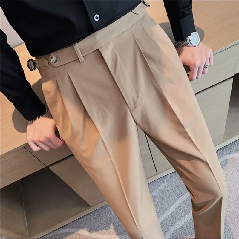 High Quality Men High Waist Suit Pants Fashion All Match Straight Slim Fit Dress Pants Formal Wedding Social Party Male Trousers