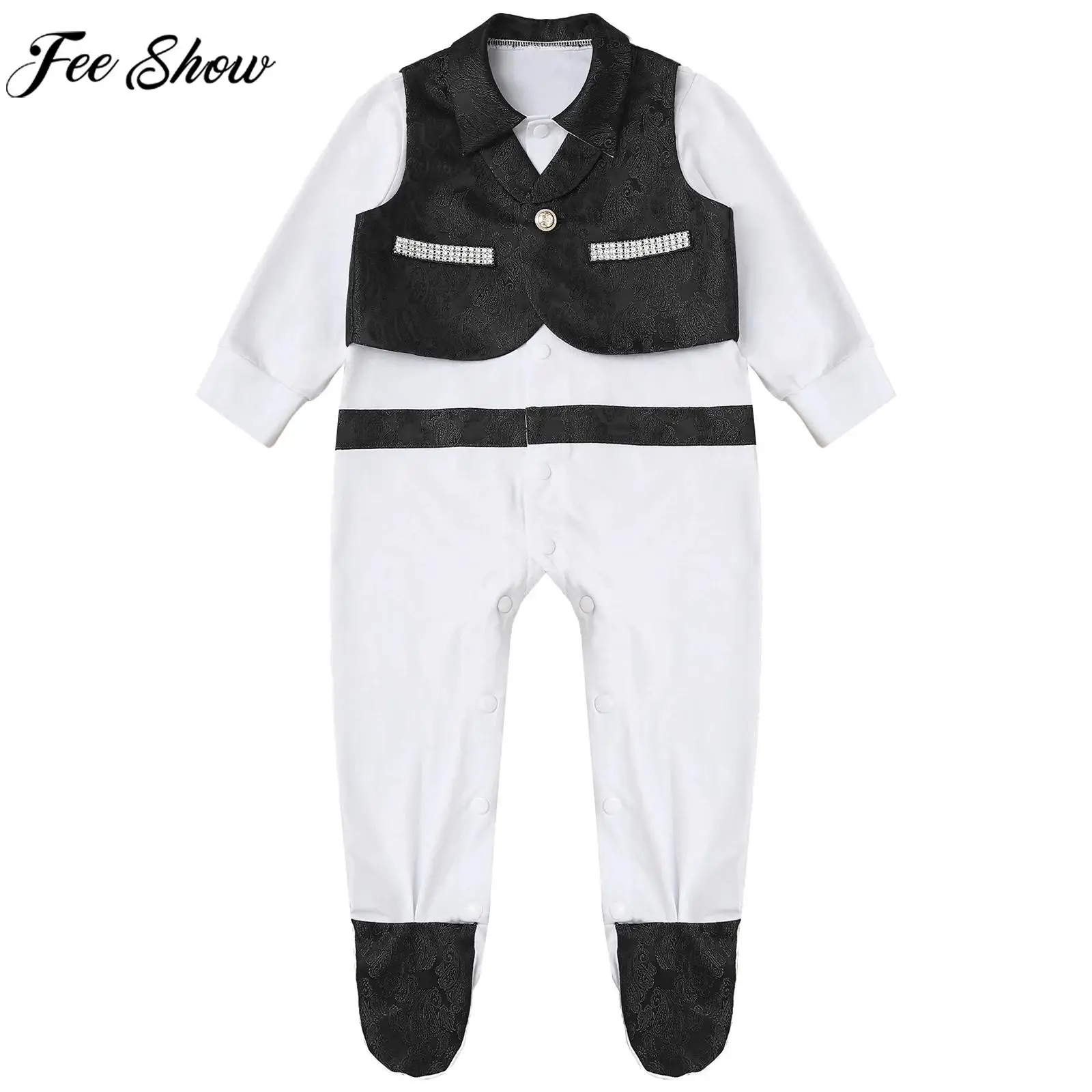 

0-18M Baby Boys Formal Gentlemen Suit Long Sleeve Footed Romper Jacquard Vest Tuxedo for Christening Wedding Party Photography